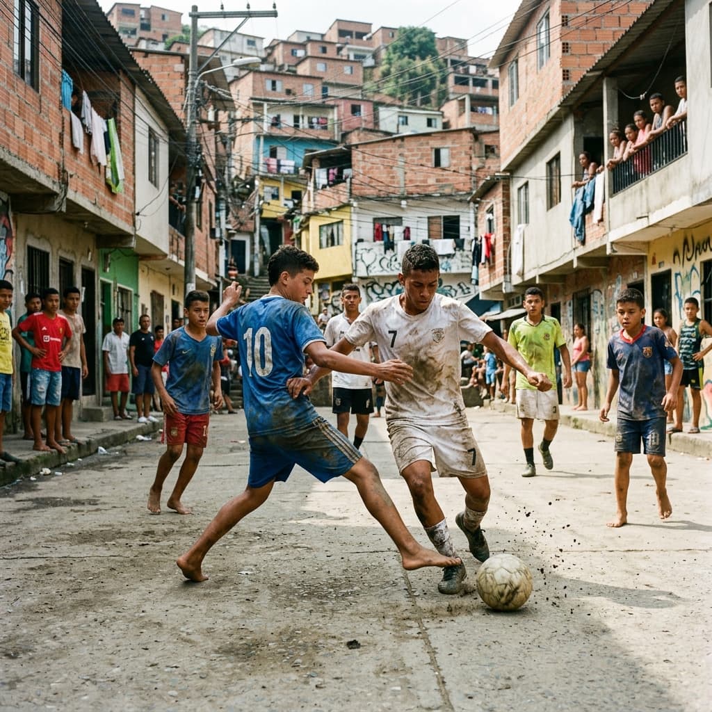 Niños jugando fútbol en comunidad